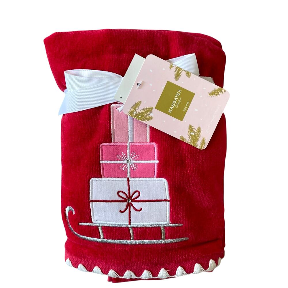 2pc Kassatex Christmas Hand Towels Embroidered Presents on Sled Red Pink NEW